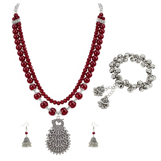 JFL - Jewellery for Less Maroon Beaded Double Layer Necklace Set with Oxidized Peacock Pendant & Matching Jhumkas with Bracelet – Ethnic Jewellery Set for Women