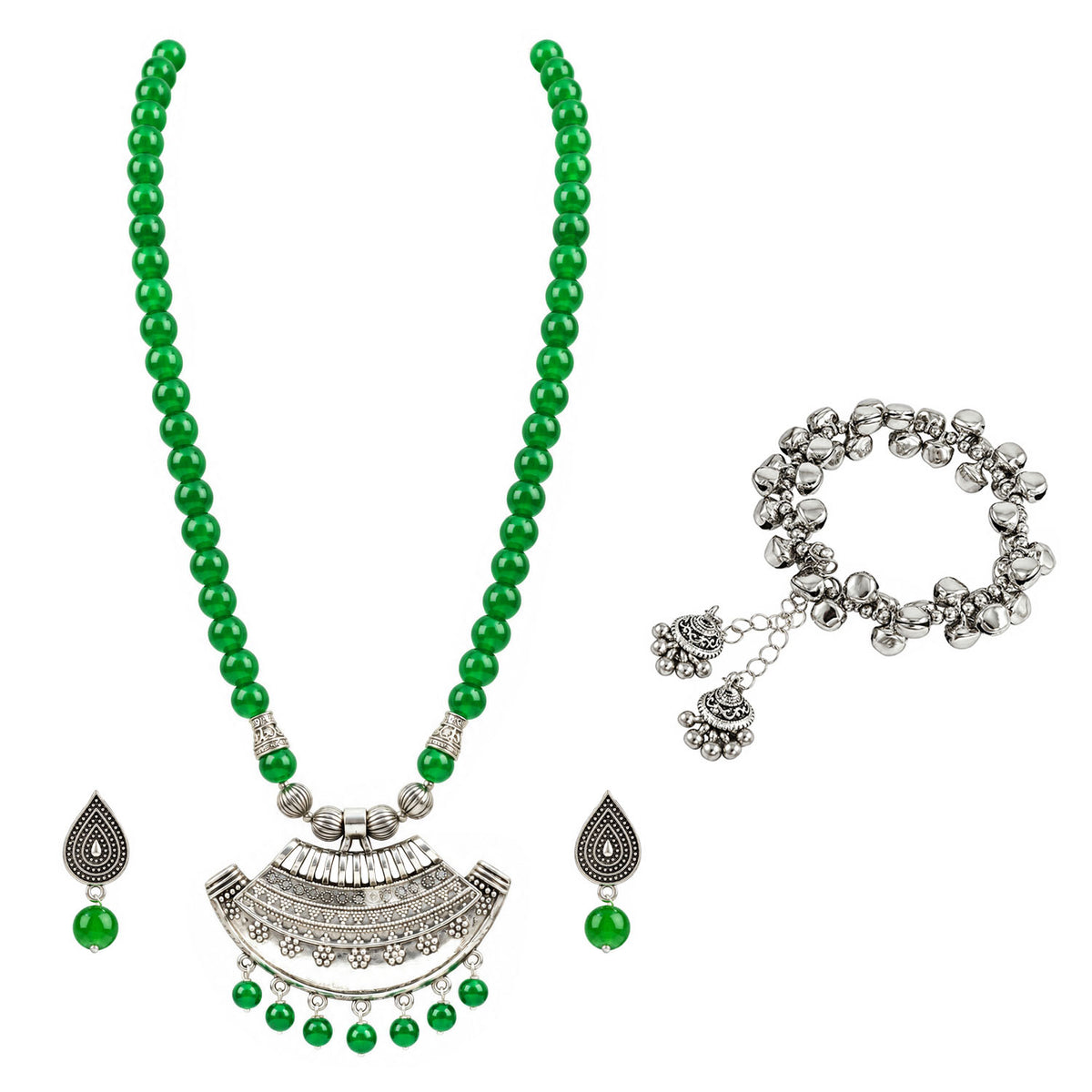 Oxidized German Silver Half Moon Pendant Necklace with Green Beads and Matching Earrings & Bracelet – Navratri Special Traditional Jewellery Set for Women