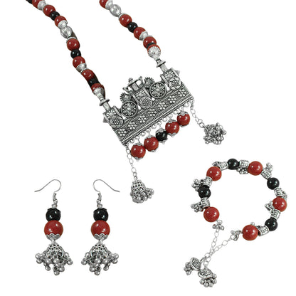 JFL-Jewellery for Less Maroon & Black Beaded Necklace Earrings Bracelet Set with Oxidised Silver Floral Temple Pendant & Jhumka Danglers – Jewellery for Women & Girls – Navratri, Garba
