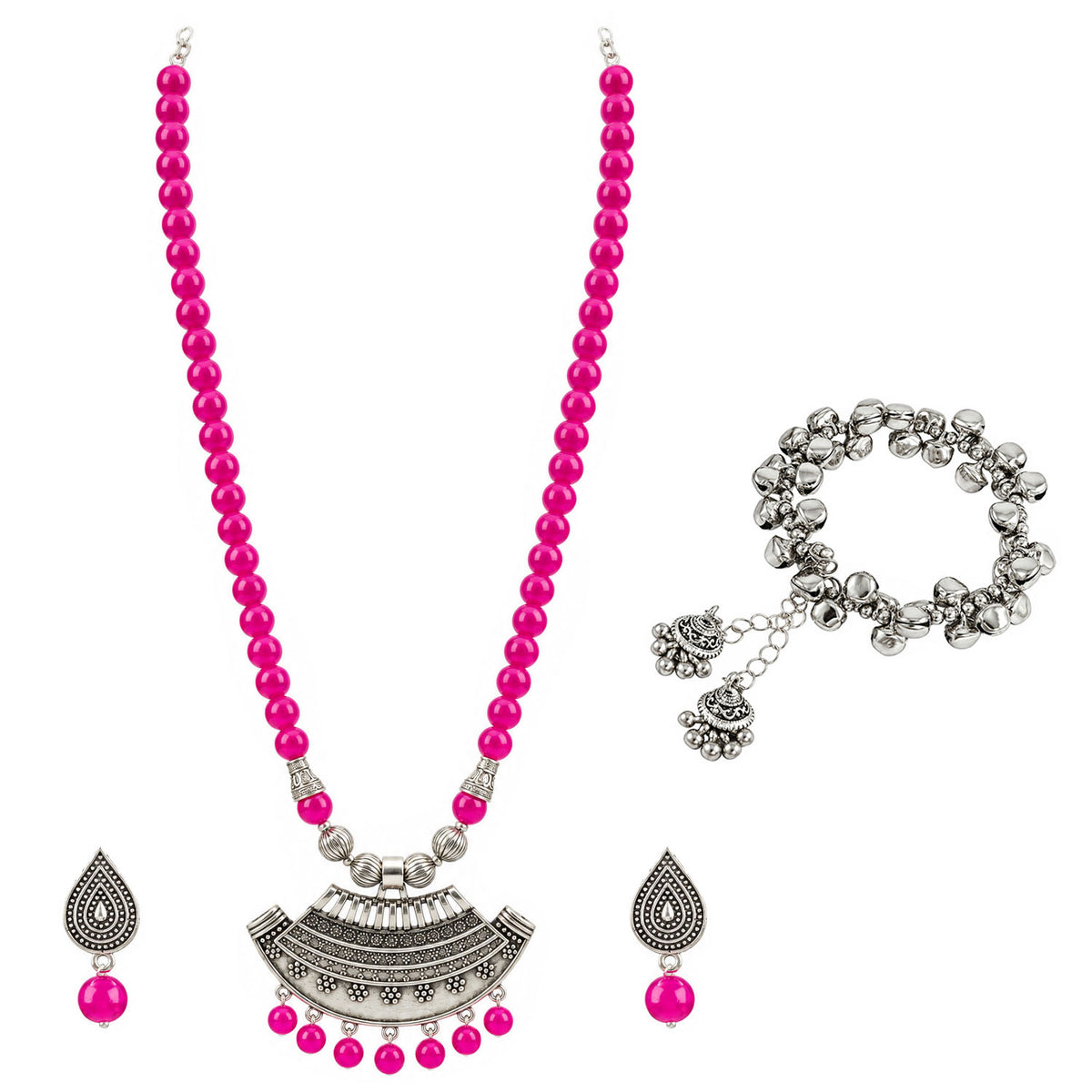 Oxidized German Silver Half Moon Pendant Necklace with Rani Pink Beads and Matching Earrings & Bracelet – Navratri Special Traditional Jewellery Set for Women