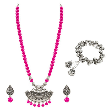 Oxidized German Silver Half Moon Pendant Necklace with Rani Pink Beads and Matching Earrings & Bracelet – Navratri Special Traditional Jewellery Set for Women