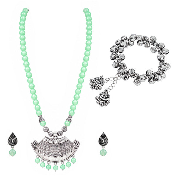 Oxidized German Silver Half Moon Pendant Necklace with Mint Green Beads and Matching Earrings & Bracelet – Navratri Special Traditional Jewellery Set for Women