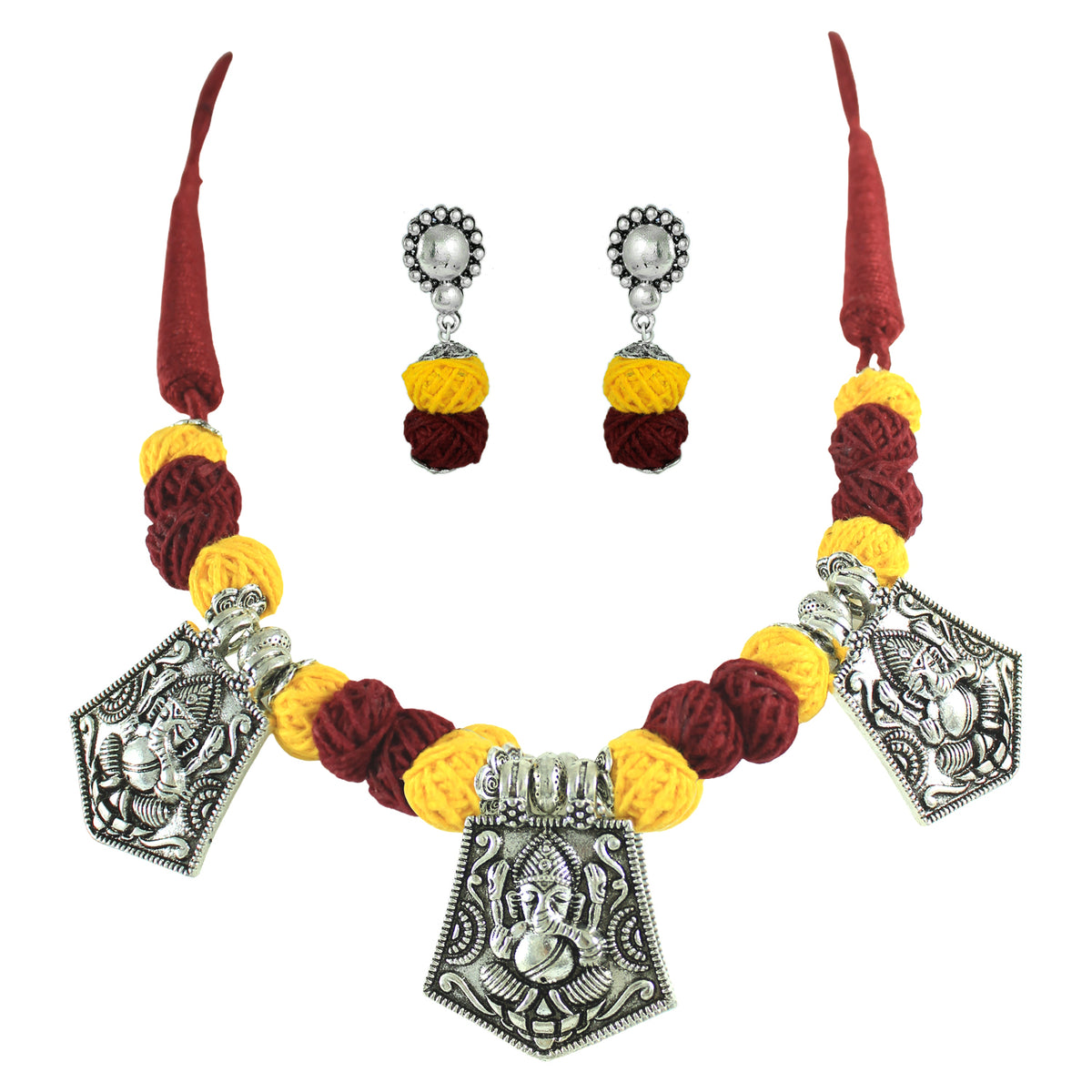 JFL‑Jewellery for Less Maroon & Yellow Cotton Thread Jewellery Set – Necklace, Earrings & Bracelet with Oxidised Silver Lord Ganesha Pendant– Jewellery for Women & Girls – Navratri,Garba