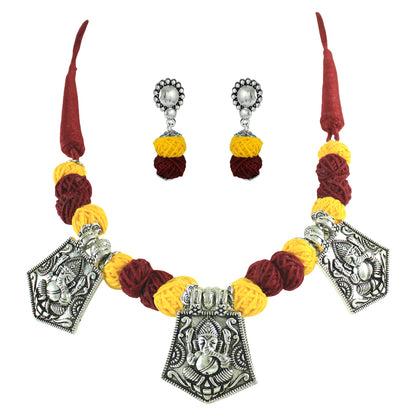 JFL‑Jewellery for Less Maroon & Yellow Cotton Thread Jewellery Set – Necklace, Earrings & Bracelet with Oxidised Silver Lord Ganesha Pendant– Jewellery for Women & Girls – Navratri,Garba