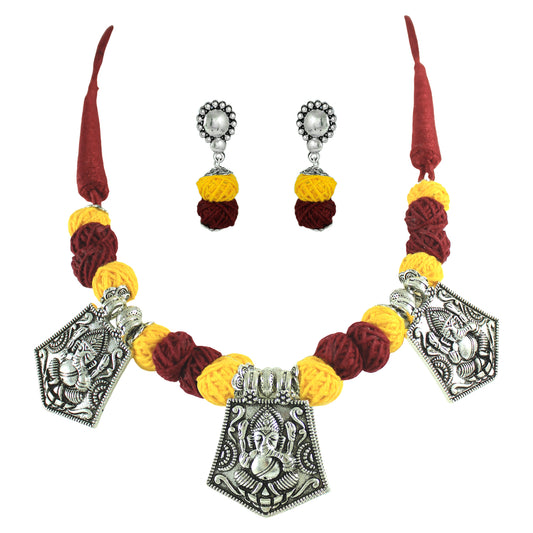 JFL‑Jewellery for Less Maroon & Yellow Cotton Thread Jewellery Set – Necklace, Earrings & Bracelet with Oxidised Silver Lord Ganesha Pendant– Jewellery for Women & Girls – Navratri,Garba