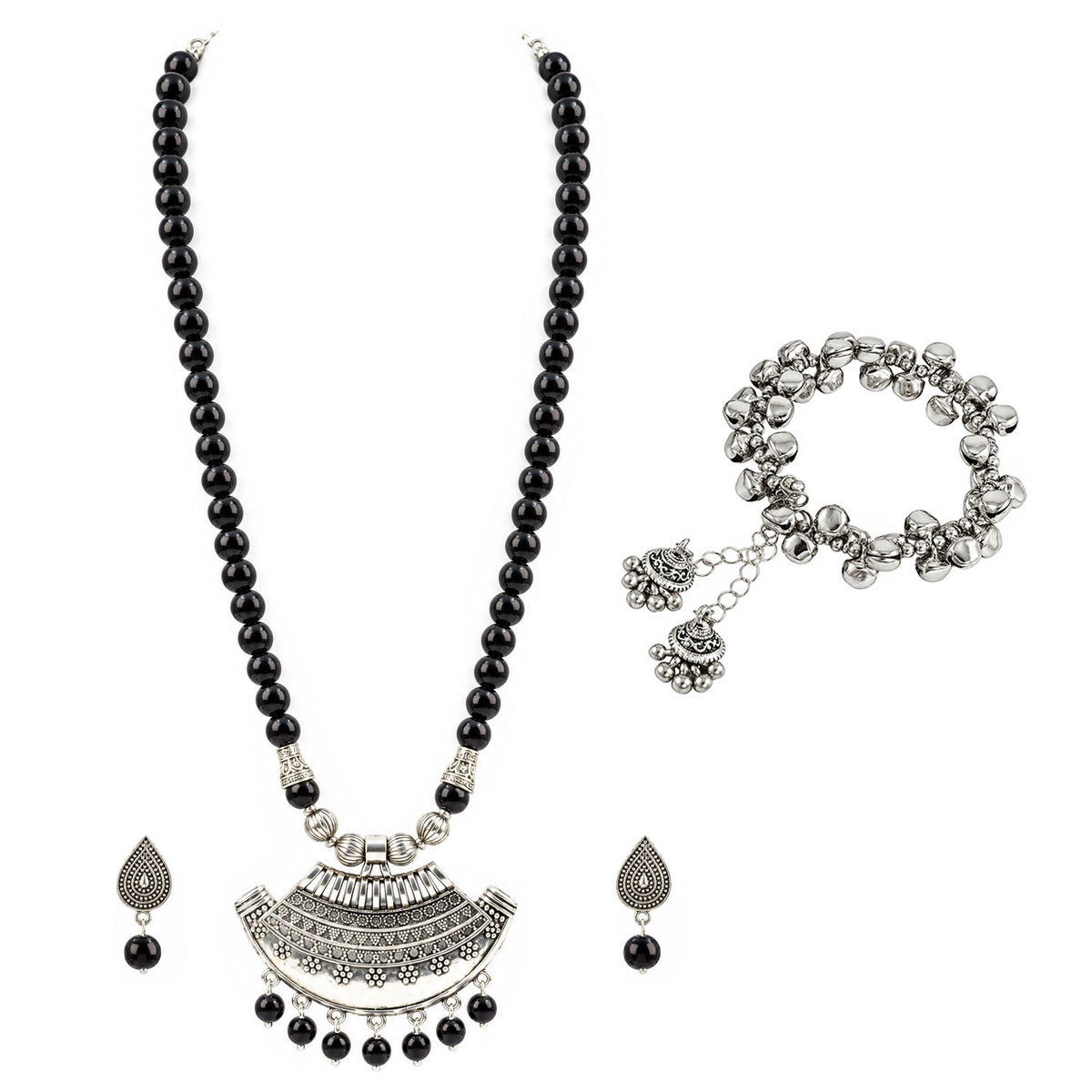 Oxidized German Silver Half Moon Pendant Necklace with Black Beads and Matching Earrings & Bracelet – Navratri Special Traditional Jewellery Set for Women