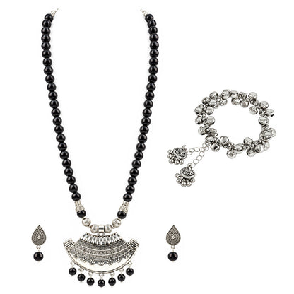 Oxidized German Silver Half Moon Pendant Necklace with Black Beads and Matching Earrings & Bracelet – Navratri Special Traditional Jewellery Set for Women
