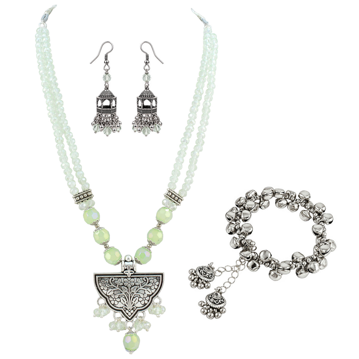 JFL - Jewellery for Less Navratri Necklace Set with Bracelet for Women | German Silver Oxidised Jewellery | Floral Pendant with Mint Green Beads & Sunflower Earrings | Traditional Ethnic Necklace Set for Garba, Dandiya & Festive