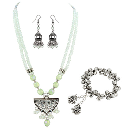 JFL - Jewellery for Less Navratri Necklace Set with Bracelet for Women | German Silver Oxidised Jewellery | Floral Pendant with Mint Green Beads & Sunflower Earrings | Traditional Ethnic Necklace Set for Garba, Dandiya & Festive