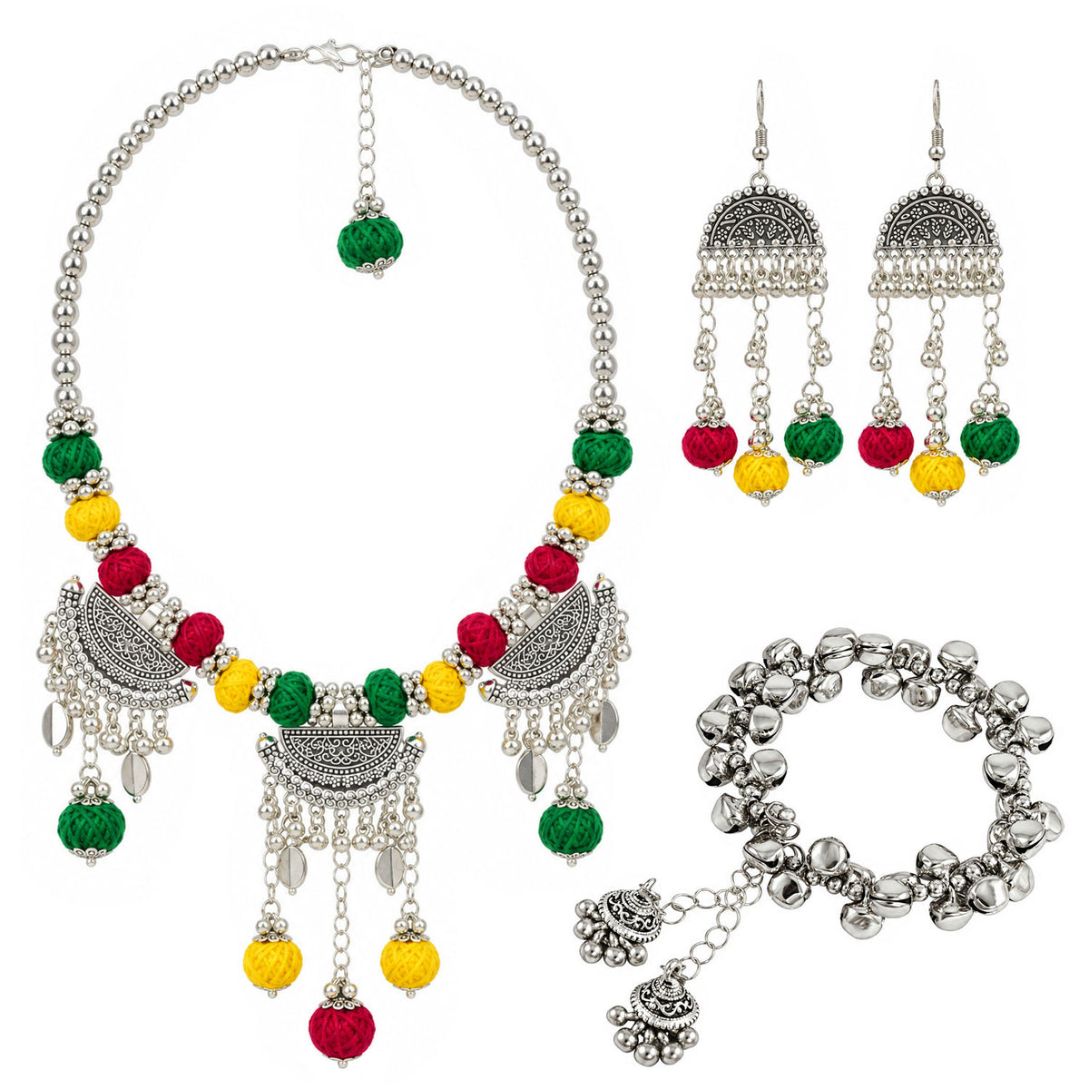 Oxidized German Silver Green Yellow Red Thread Ball Necklace with Earrings, Bracelet – Ethnic Wire Collar Jewellery Set for Women, Navratri Special