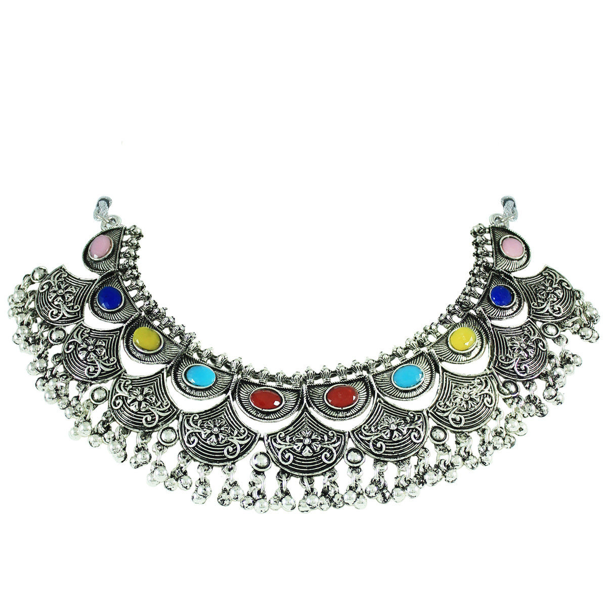 JFL - Jewellery for Less Navratri Special Oxidised Silver Plated Multicolor Stone Necklac Set for Women & Girls – Statement Necklace, Earrings, Maang Tikka & Multicolor Beaded Bracelet Combo