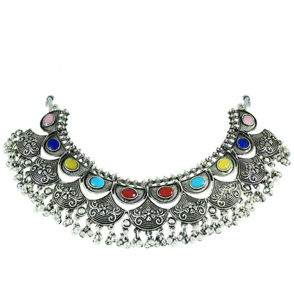 JFL - Jewellery for Less Navratri Special Oxidised Silver Plated Multicolor Stone Necklac Set for Women & Girls – Statement Necklace, Earrings, Maang Tikka & Multicolor Beaded Bracelet Combo