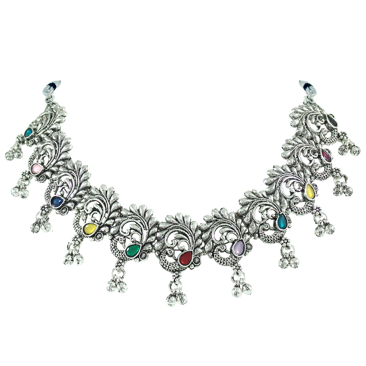 JFL - Jewellery for Less Traditional Oxidized Multicolor Stone Peacock Choker Necklace Set with Multicolor Beaded Bracelet for Women & Girls (Navratri Special)