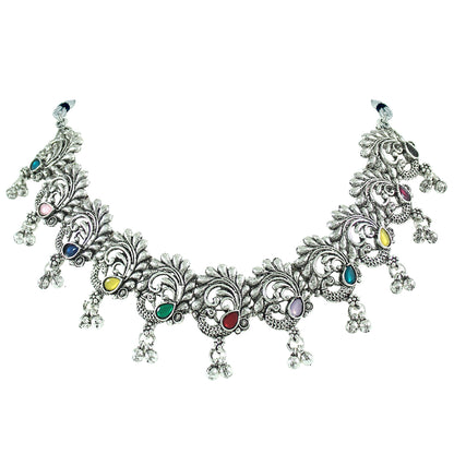 JFL - Jewellery for Less Traditional Oxidized Multicolor Stone Peacock Choker Necklace Set with Multicolor Beaded Bracelet for Women & Girls (Navratri Special)