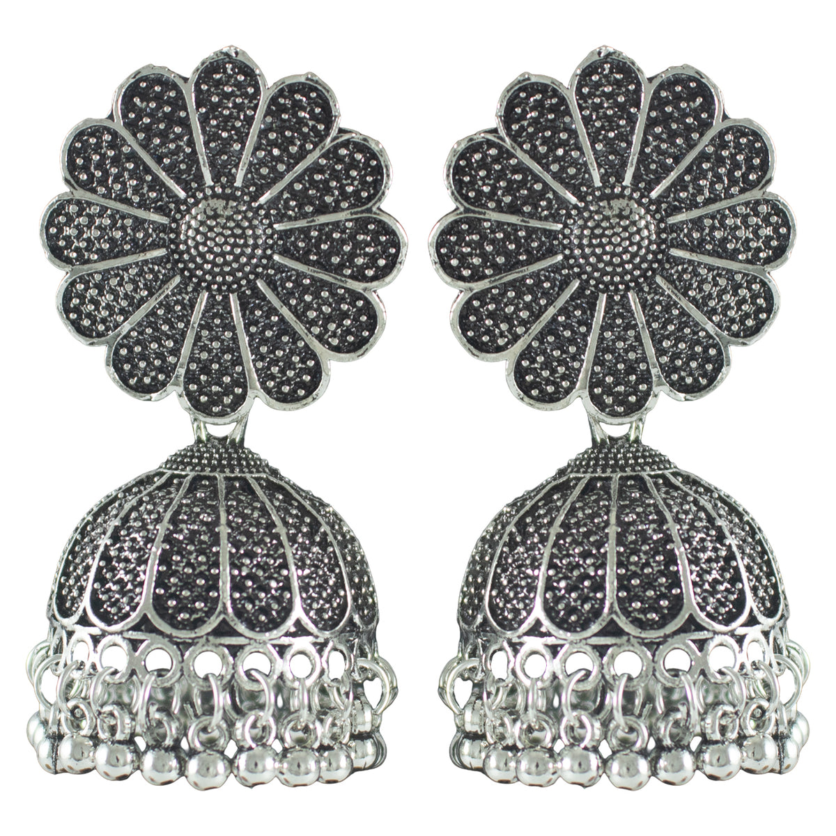 JFL - Jewellery for Less Oxidised Silver Earrings – Antique Finish with Floral & Circular Motifs, Engraved Detailing & Dangling Beads – Ethnic Jewellery for Women & Girls for Navratri, Garba