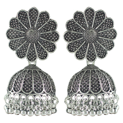 JFL - Jewellery for Less Oxidised Silver Earrings – Antique Finish with Floral & Circular Motifs, Engraved Detailing & Dangling Beads – Ethnic Jewellery for Women & Girls for Navratri, Garba