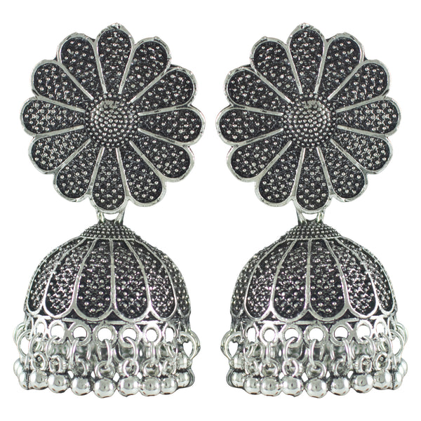 JFL - Jewellery for Less Oxidised Silver Earrings – Antique Finish with Floral & Circular Motifs, Engraved Detailing & Dangling Beads – Ethnic Jewellery for Women & Girls for Navratri, Garba