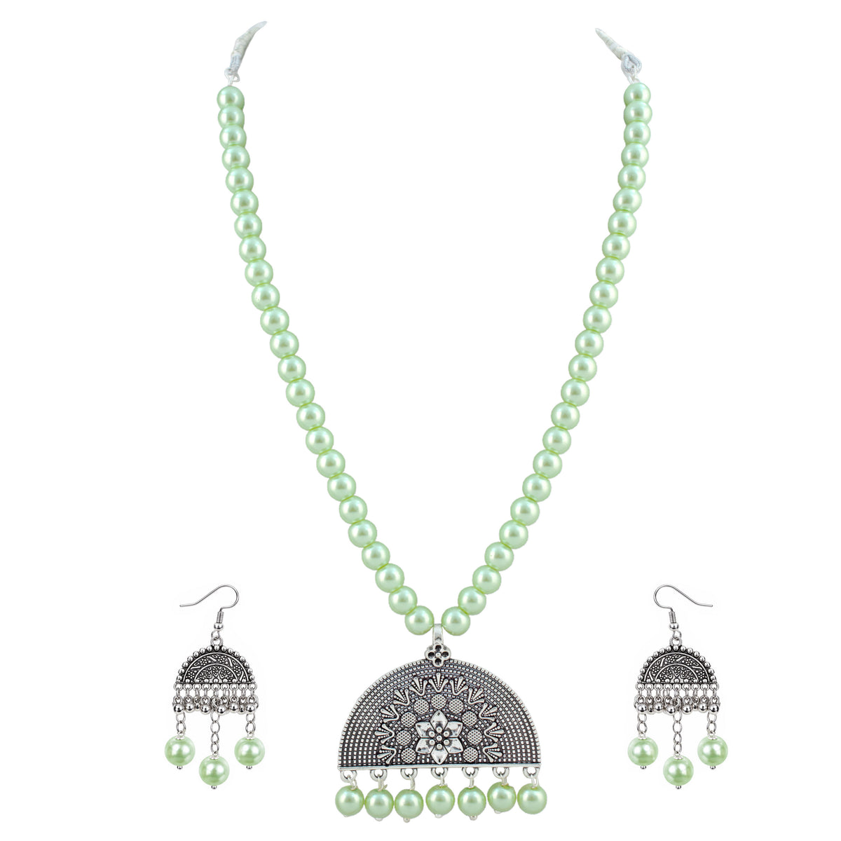 JFL - Jewellery for Less Oxidised German Silver Necklace Set and Half-Circle Earrings with Bracelet – Traditional Festive Jewellery for Navratri, Garba & Dandiya | Mint Green Pearl Ethnic Necklace for Women