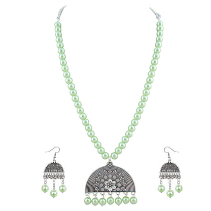 JFL - Jewellery for Less Oxidised German Silver Necklace Set and Half-Circle Earrings with Bracelet – Traditional Festive Jewellery for Navratri, Garba & Dandiya | Mint Green Pearl Ethnic Necklace for Women