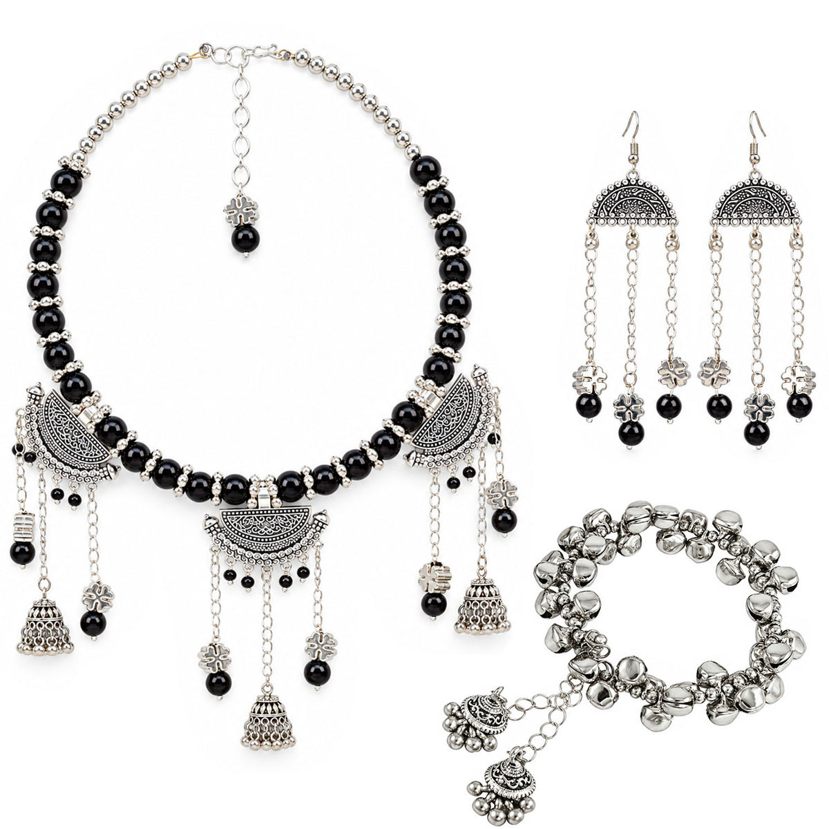 Oxidized German Silver Black Beaded Necklace, Bracelet & Dangle Earrings Set – 3-Piece Ethnic Wire Collar Jewellery Set for Women, Navratri Special