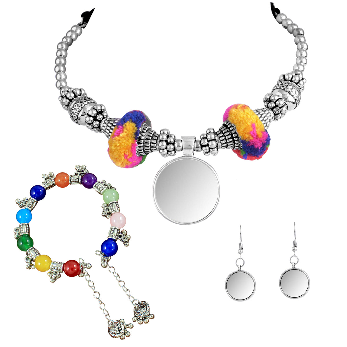 JFL - Jewellery for Less Combo Multicolor Oxidised Silver Plated Mirror Work,Pom-Pom and Ghungroo Necklace Set with Adjustable Bracelet Women & Girls.(Navratri Special)