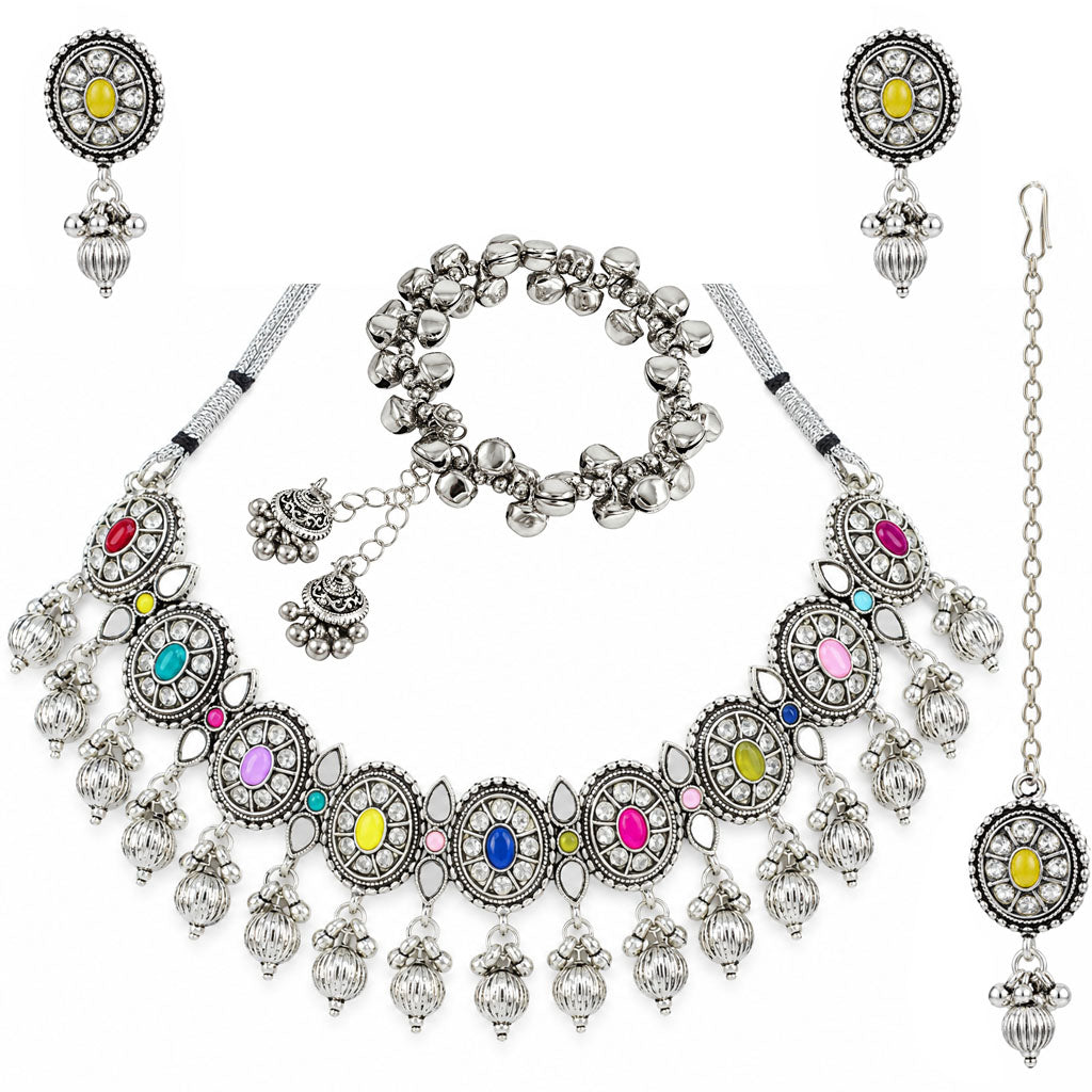 JFL - Jewellery for Less Oxidized German Silver Necklace Set with Earrings and Bracelet – Round Motif Multicolor Stone Choker Jewellery Set for Women & Girls, Traditional Ethnic Antique Silver Combo