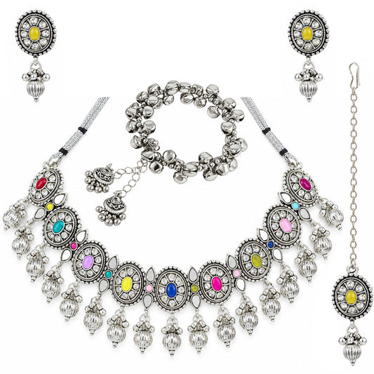 JFL - Jewellery for Less Oxidized German Silver Necklace Set with Earrings and Bracelet – Round Motif Multicolor Stone Choker Jewellery Set for Women & Girls, Traditional Ethnic Antique Silver Combo