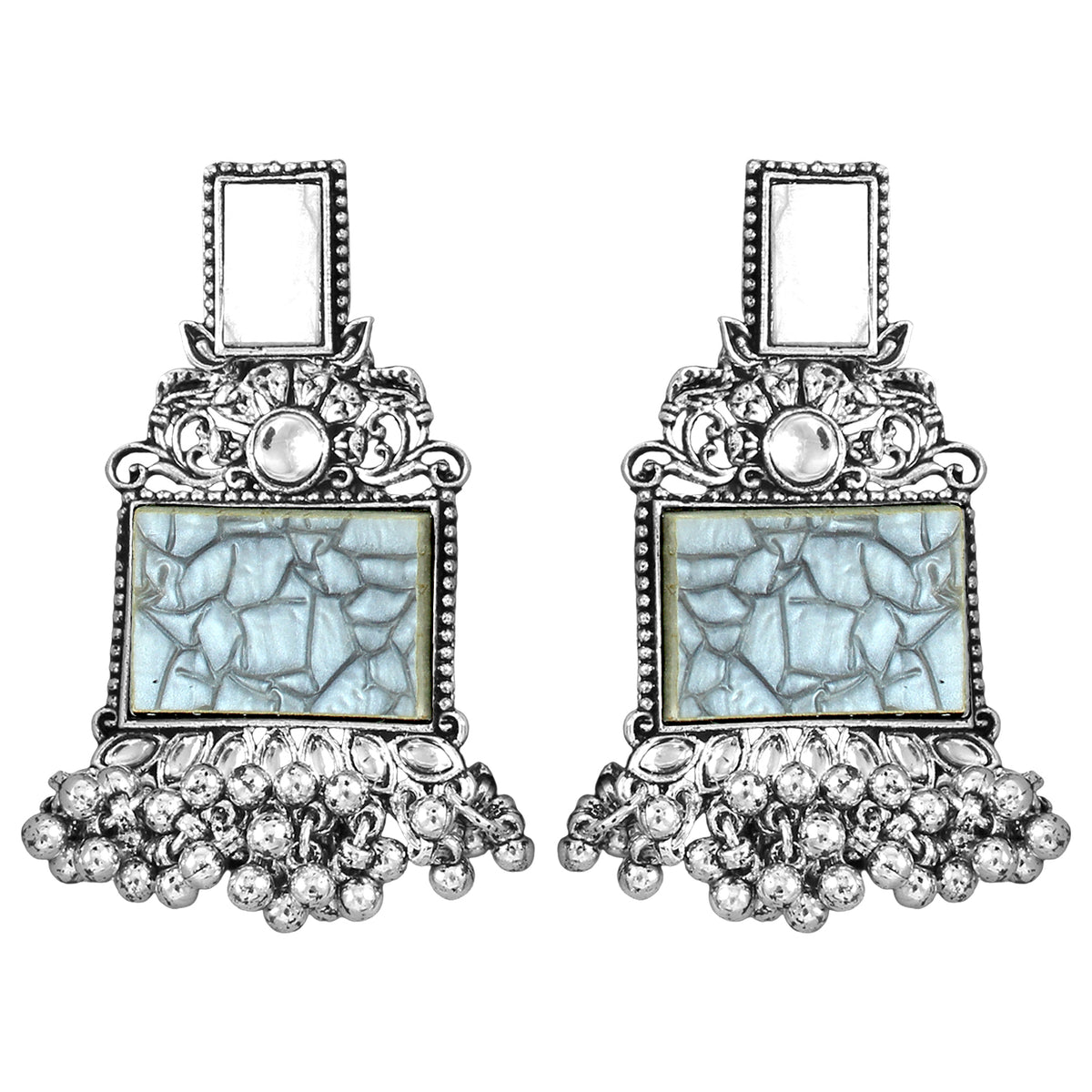 JFL - Jewellery for Less Navratri Special Combo of Oxidised Acrylic Mother of Pearl and Kundan Studded Statement Earrings with Ghungroo Bracelet for Women & Girls. (Grey)
