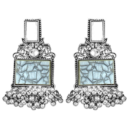 JFL - Jewellery for Less Navratri Special Combo of Oxidised Acrylic Mother of Pearl and Kundan Studded Statement Earrings with Ghungroo Bracelet for Women & Girls. (Grey)