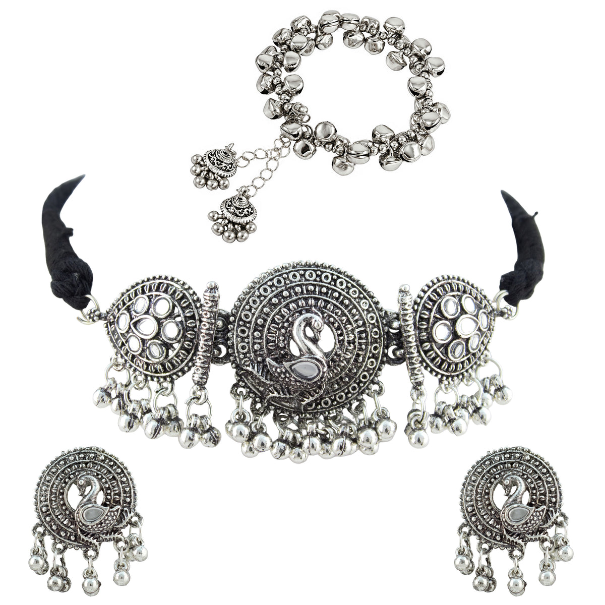 JFL - Jewellery for Less Oxidized German Silver Swan Pendant Necklace Set with Earrings and Bracelet – Mirror Work Choker on Black Thread for Women & Girls, Traditional Ethnic Jewellery Combo