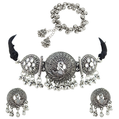 JFL - Jewellery for Less Oxidized German Silver Swan Pendant Necklace Set with Earrings and Bracelet – Mirror Work Choker on Black Thread for Women & Girls, Traditional Ethnic Jewellery Combo