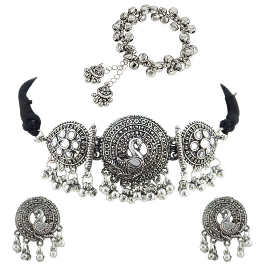 JFL - Jewellery for Less Oxidized German Silver Swan Pendant Necklace Set with Earrings and Bracelet – Mirror Work Choker on Black Thread for Women & Girls, Traditional Ethnic Jewellery Combo