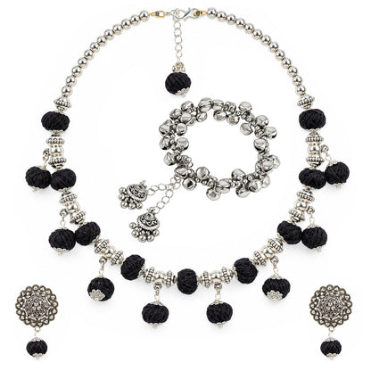 Oxidized German Silver Beaded Necklace with Black Thread Ball Danglers & Earrings, Bracelet Set – Ethnic Wire Collar Jewellery Set for Women, Navratri Special