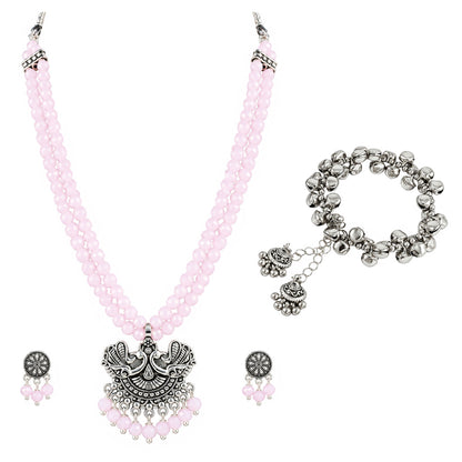 JFL - Jewellery for Less Oxidized German Silver Pink Beads Double Strand Peacock Pendant Necklace and Earrings with Bracelet Set for Women | Antique Silver Design Jewellery Set | Navratri Special Traditional Jewellery