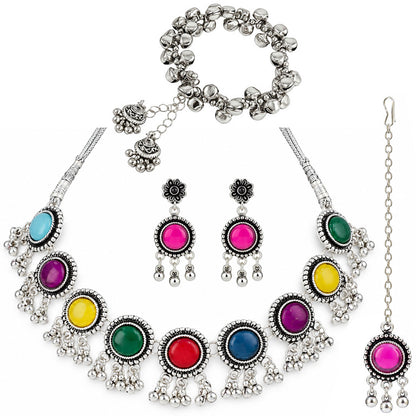 JFL - Jewellery for Less Oxidized German Silver Necklace Set with Earrings and Bracelet – Round Colorful Stone Choker Jewellery Set for Women & Girls, Traditional Ethnic Antique Silver Combo