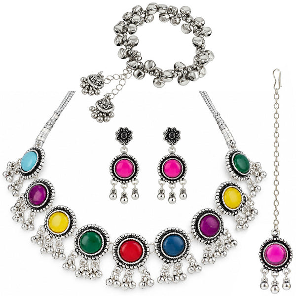 JFL - Jewellery for Less Oxidized German Silver Necklace Set with Earrings and Bracelet – Round Colorful Stone Choker Jewellery Set for Women & Girls, Traditional Ethnic Antique Silver Combo