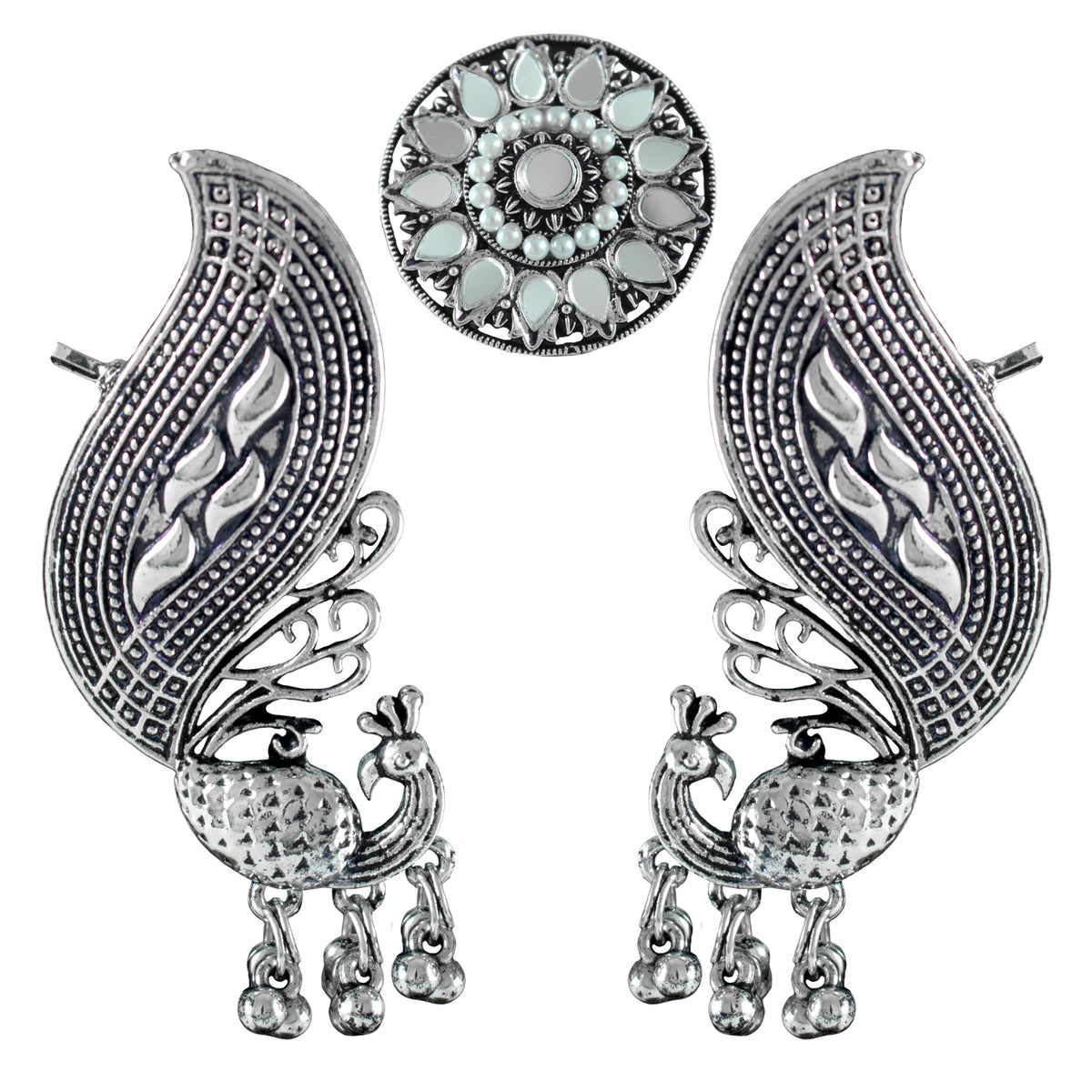 JFL - Jewellery for Less Oxidised Peacock Ear Cuff Earrings and Finger Ring with Mirror Work and Pearls for Women & Girls | Antique Silver Plated Ethnic Jewellery Combo Set(Navratri Special)