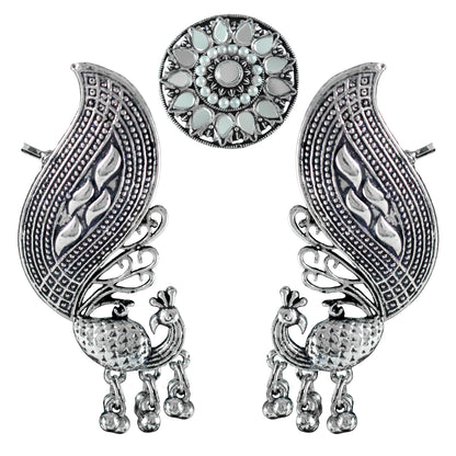 JFL - Jewellery for Less Oxidised Peacock Ear Cuff Earrings and Finger Ring with Mirror Work and Pearls for Women & Girls | Antique Silver Plated Ethnic Jewellery Combo Set(Navratri Special)