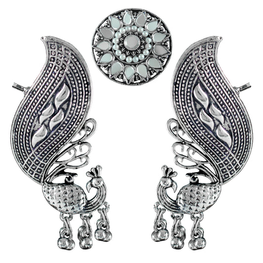 JFL - Jewellery for Less Oxidised Peacock Ear Cuff Earrings and Finger Ring with Mirror Work and Pearls for Women & Girls | Antique Silver Plated Ethnic Jewellery Combo Set(Navratri Special)