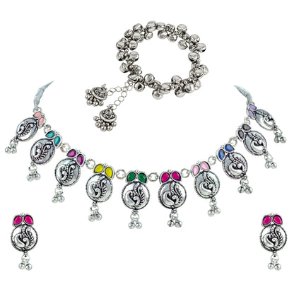 JFL - Jewellery for Less Oxidized German Silver Navratri Necklace with Bracelet Set – Colorful Stone Peacock Design Pendant Jewellery Set for Women & Girls, Traditional Ethnic Antique Silver Combo