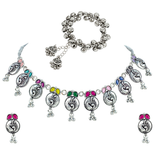 JFL - Jewellery for Less Oxidized German Silver Navratri Necklace with Bracelet Set – Colorful Stone Peacock Design Pendant Jewellery Set for Women & Girls, Traditional Ethnic Antique Silver Combo