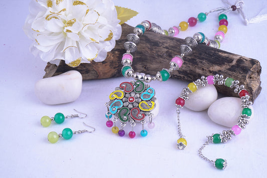 JFL - Jewellery for Less Combo Stylish Oxidised Silver Plated Floral Pendant Multi Colour Beaded Necklace Set with Bracelet for Women and Girls.(Navratri Special)