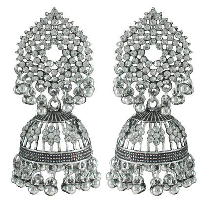 JFL - Jewellery for Less Combo of Oxidised Stone-Studded Ethnic Jewelry Set for Women & Girls | Jhumka Earrings, Mirror Work Maang Tikka & Floral Finger Ring(Navratri Special)