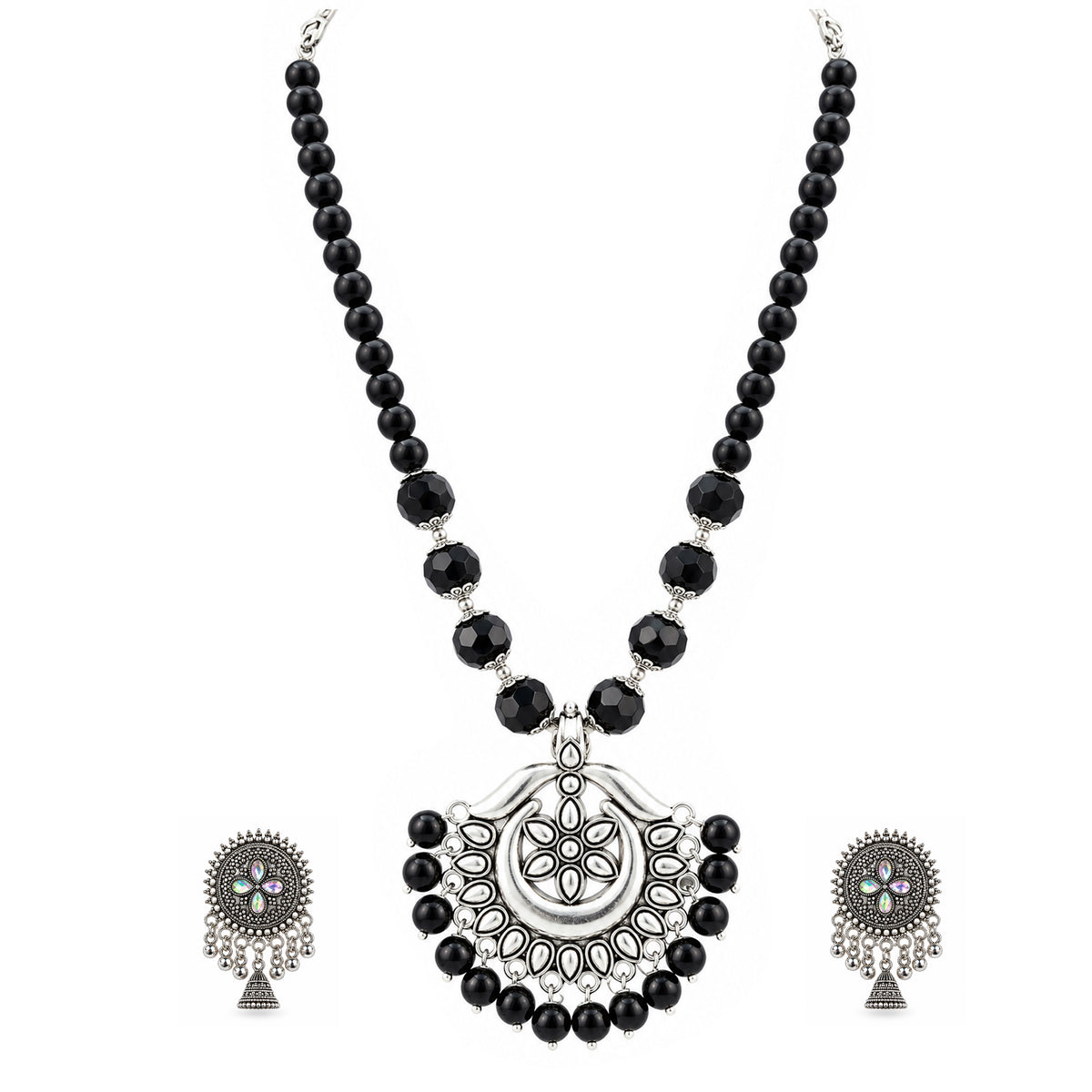 JFL - Jewellery for Less Oxidized German Silver Black Beads Pendant Necklace with Earrings Set for Women | Antique Silver Floral Design Jewellery Set | Navratri Special Traditional Jewellery