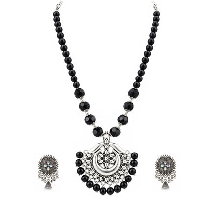 JFL - Jewellery for Less Oxidized German Silver Black Beads Pendant Necklace with Earrings Set for Women | Antique Silver Floral Design Jewellery Set | Navratri Special Traditional Jewellery