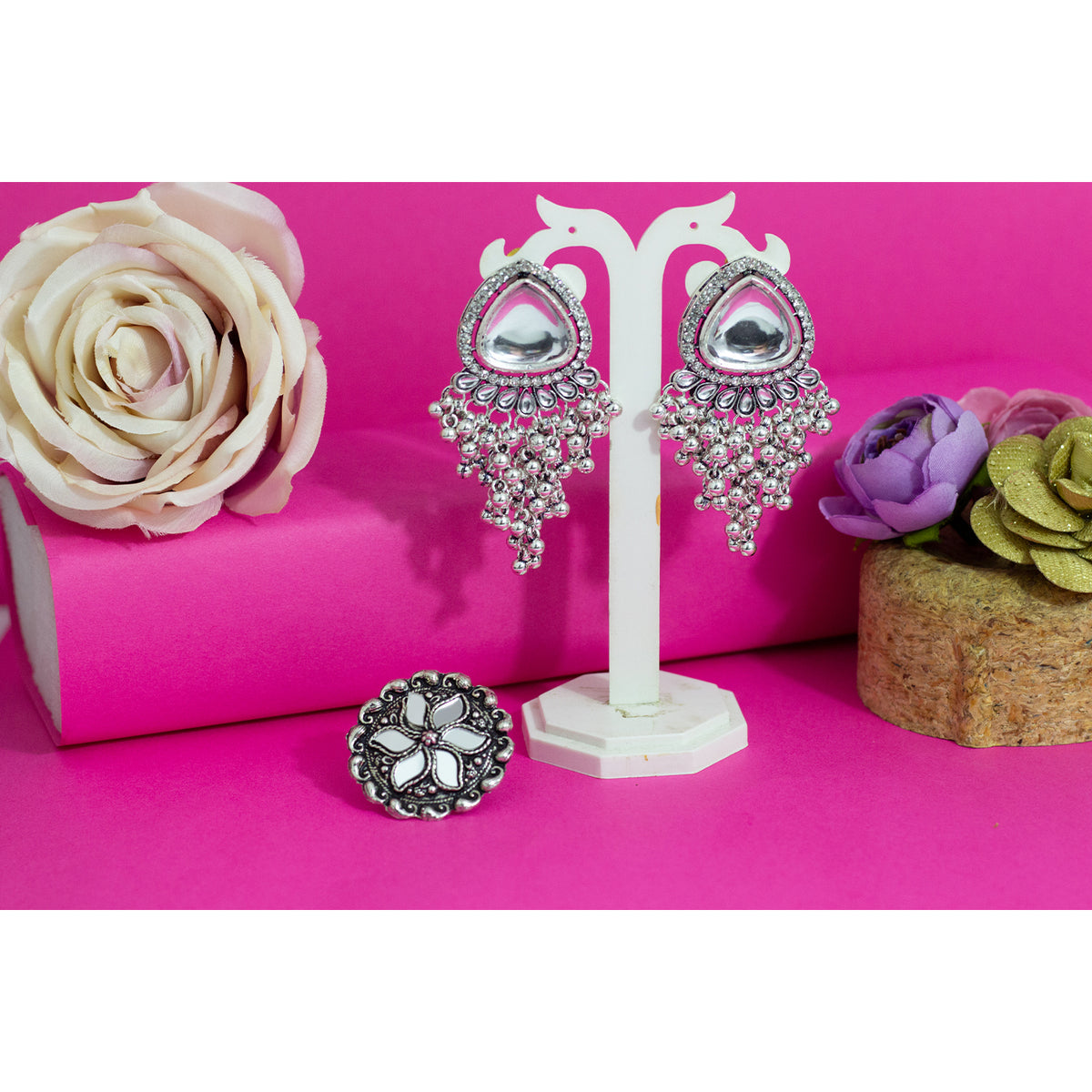 JFL - Jewellery for Less Combo Oxidised Silver Plated White Kundan & Ghungroo Drop Design Earring with Mirror Work Adjustable Finger Ring Women and Girls.(Navratri Special)