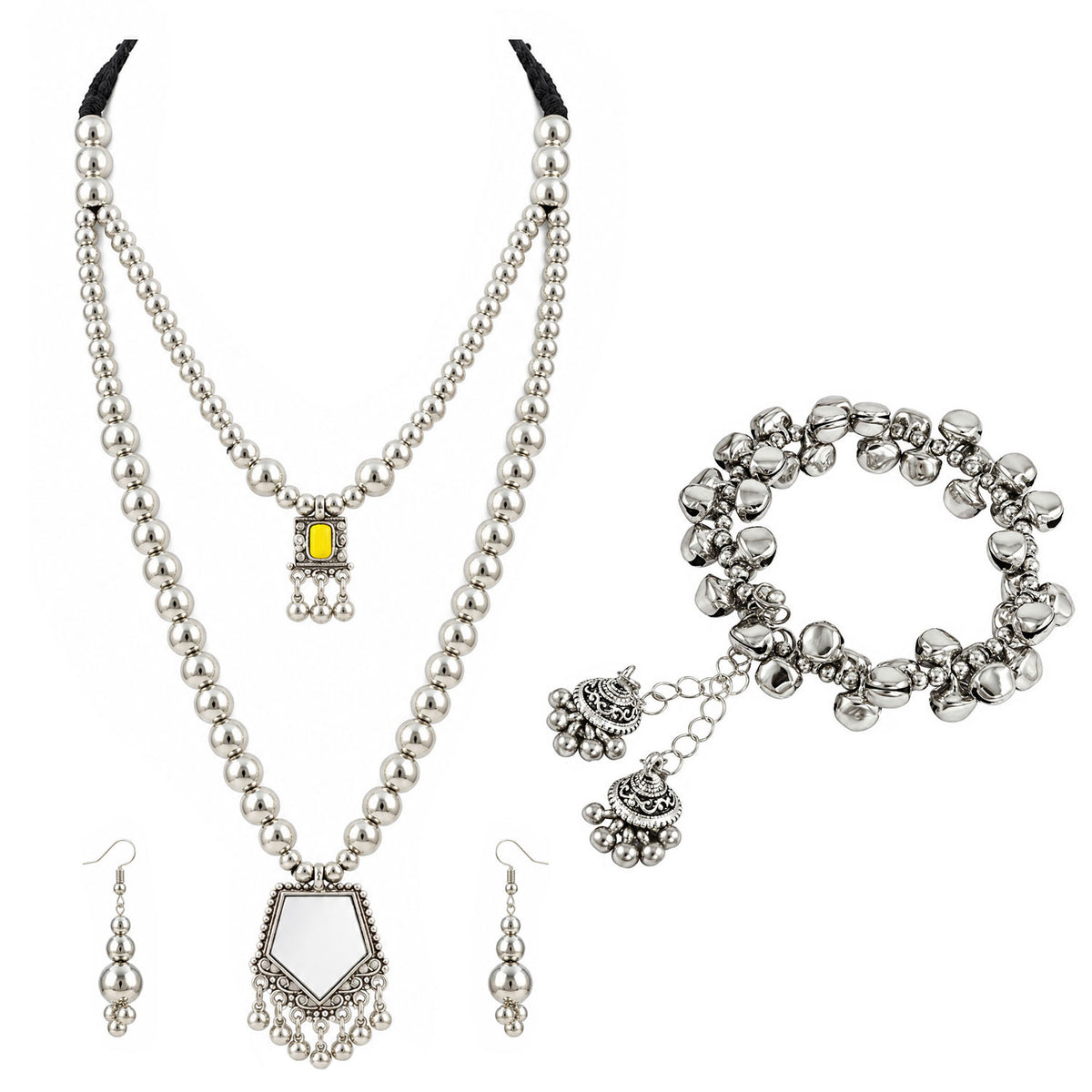 Oxidized German Silver Layered Necklace Set with Yellow Stone & Mirror Pendant, Beaded Drop Earrings, Bracelet – Navratri Special Ethnic Jewellery Set for Women & Girls