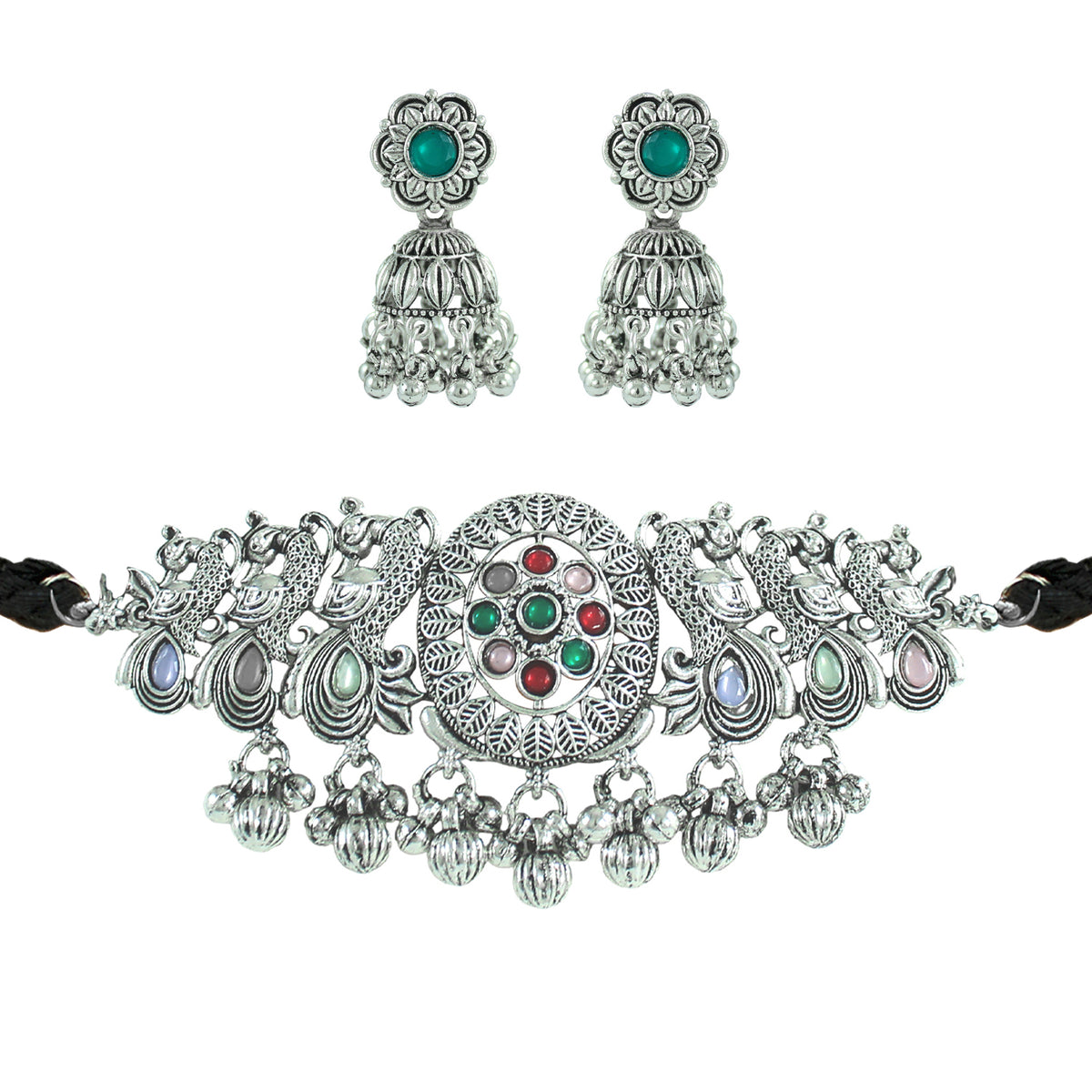 JFL - Jewellery for Less Ethnic Combo of Oxidised Silver Plated Peacock Design Choker Necklac Set with Multicolor Beaded Bracelet for Women & Girls (Navratri Special)