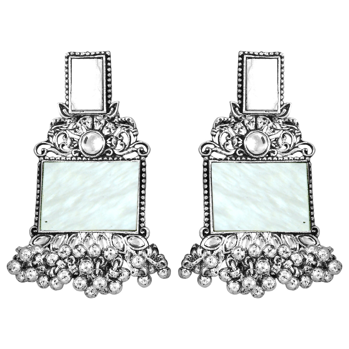 JFL - Jewellery for Less Navratri Special Combo of Oxidised Acrylic Mother of Pearl and Kundan Studded Statement Earrings with Ghungroo Bracelet for Women & Girls. (White)