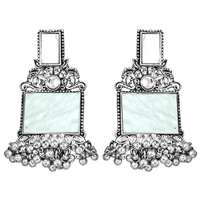 JFL - Jewellery for Less Navratri Special Combo of Oxidised Acrylic Mother of Pearl and Kundan Studded Statement Earrings with Ghungroo Bracelet for Women & Girls. (White)